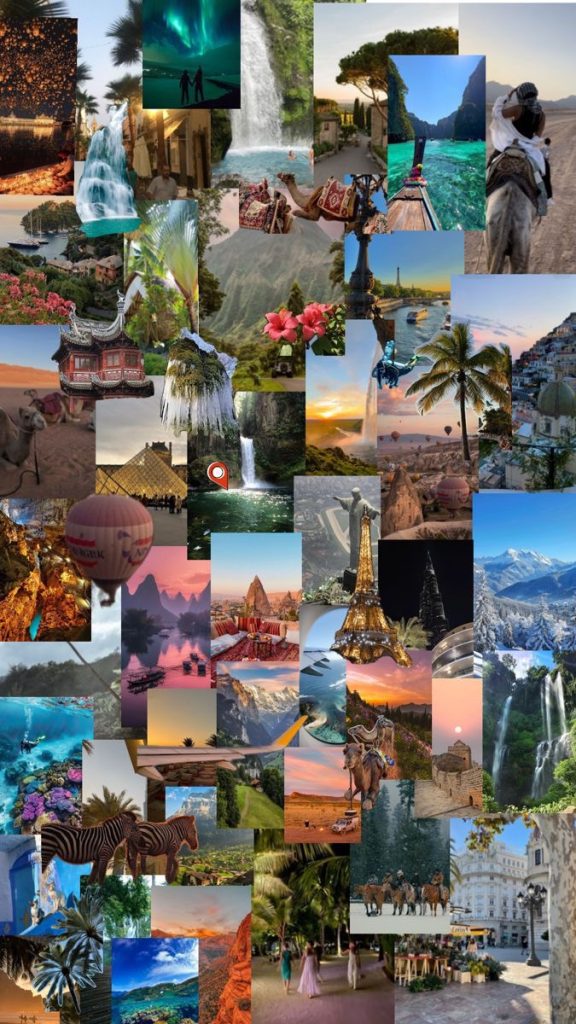 “A vibrant collage of travel scenes from around the world, featuring waterfalls, tropical beaches, hot air balloons, camels in the desert, mountain landscapes, historic architecture, city views like Paris with the Eiffel Tower, Asian temples, lush greenery, and colorful sunsets, all layered together in a dynamic montage of global destinations.”