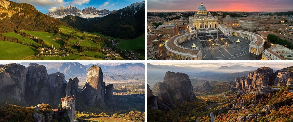 “A collage of four images showing an alpine valley with mountains, St. Peter’s Basilica and square at sunset, and two views of Meteora’s towering rock formations with monasteries overlooking scenic valleys.”